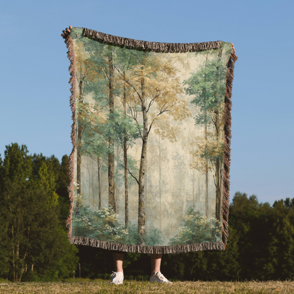 a person standing in a field holding a blanket