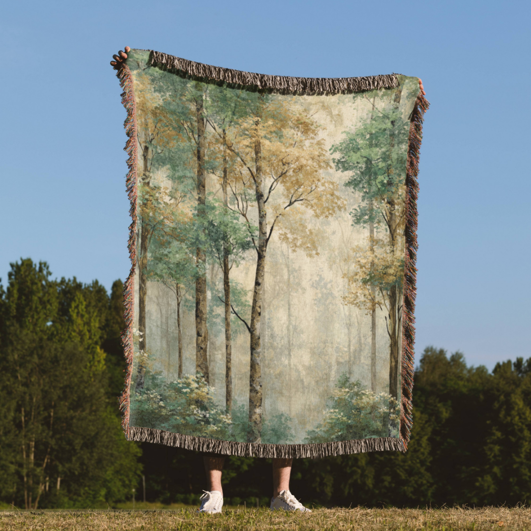 a person standing in a field holding a blanket