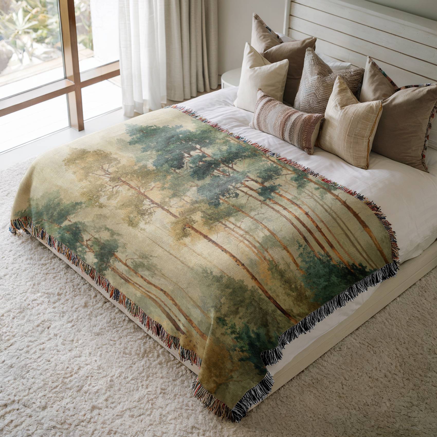 a bed with a blanket and pillows on top of it