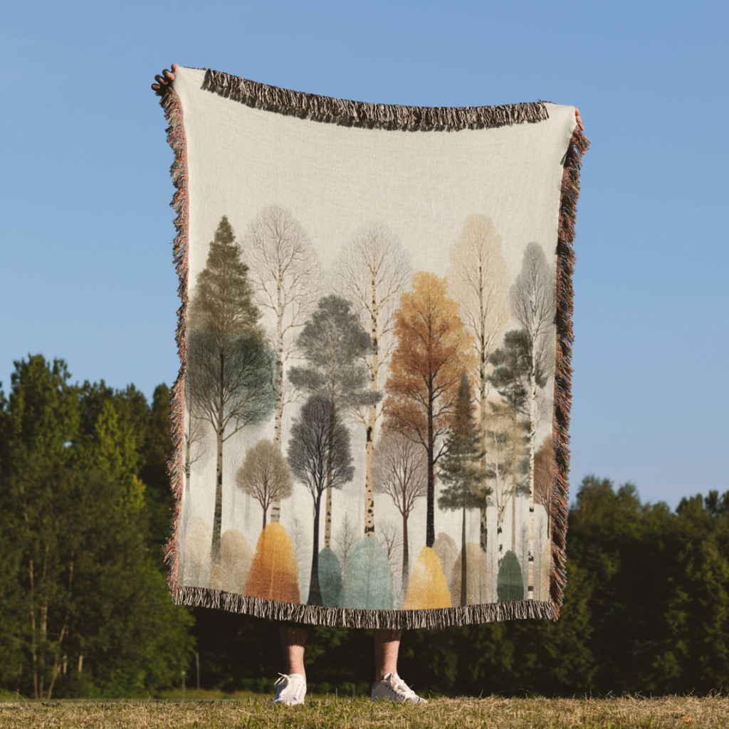 a person holding a blanket with trees on it