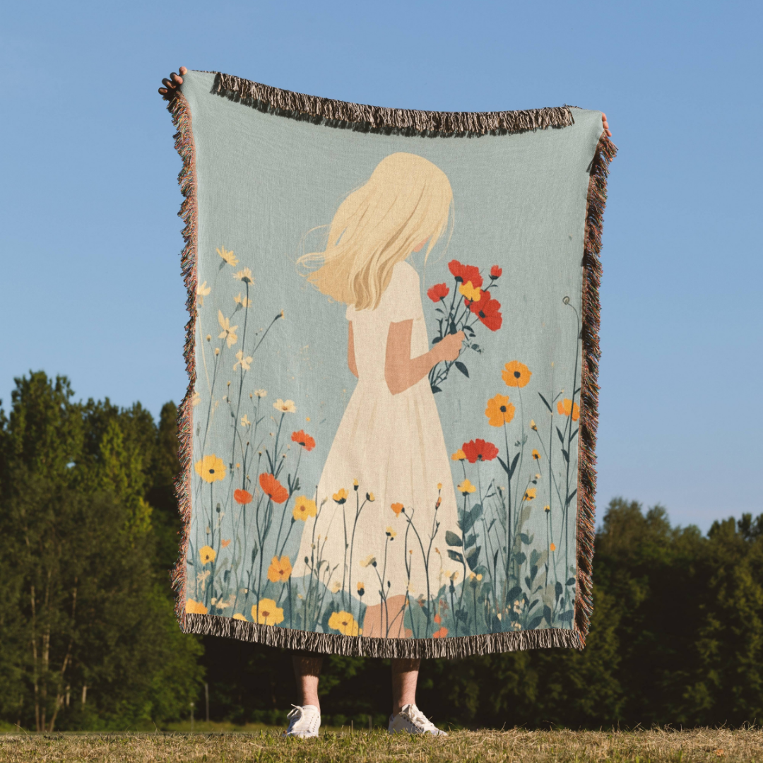 a woman standing in a field holding a blanket with a picture of a girl holding