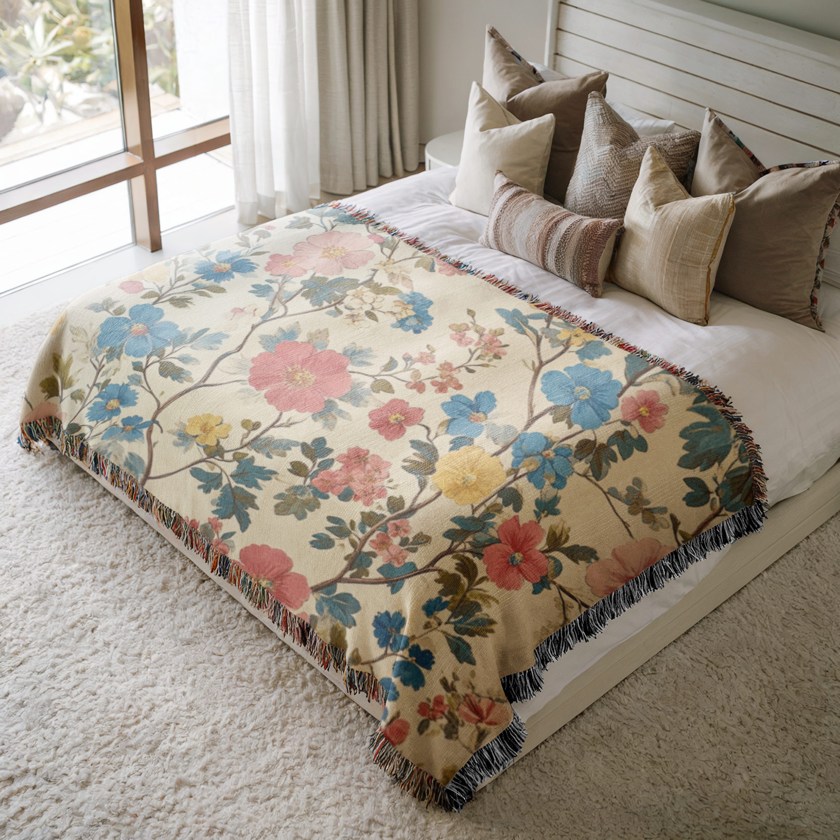 a bed with a floral blanket and pillows on top of it