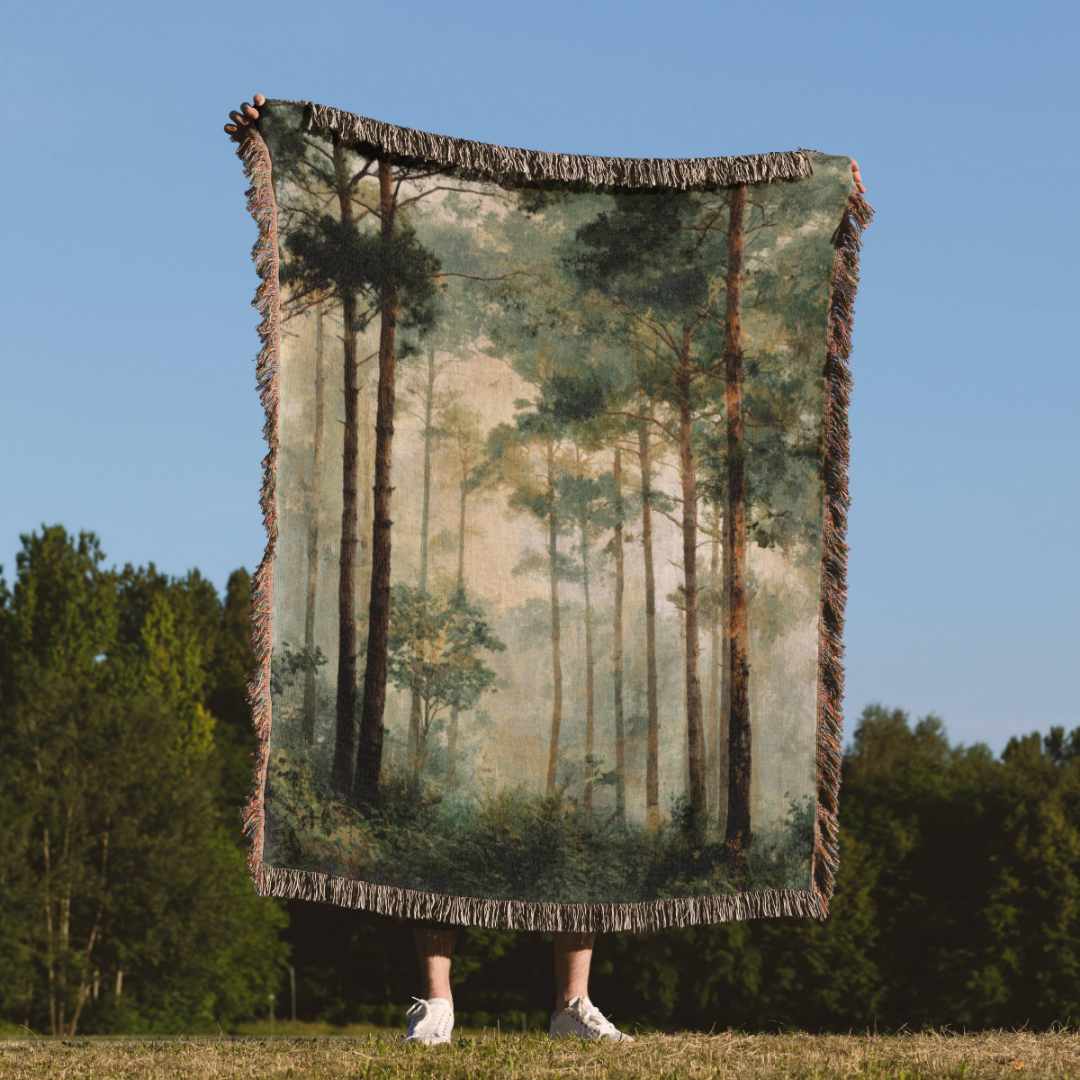 a person holding a tapestry of a forest