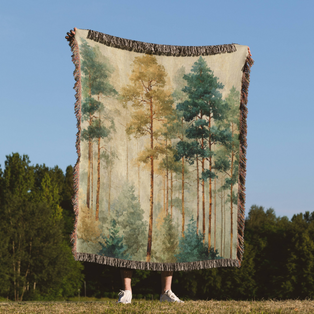 a person standing in a field holding a blanket