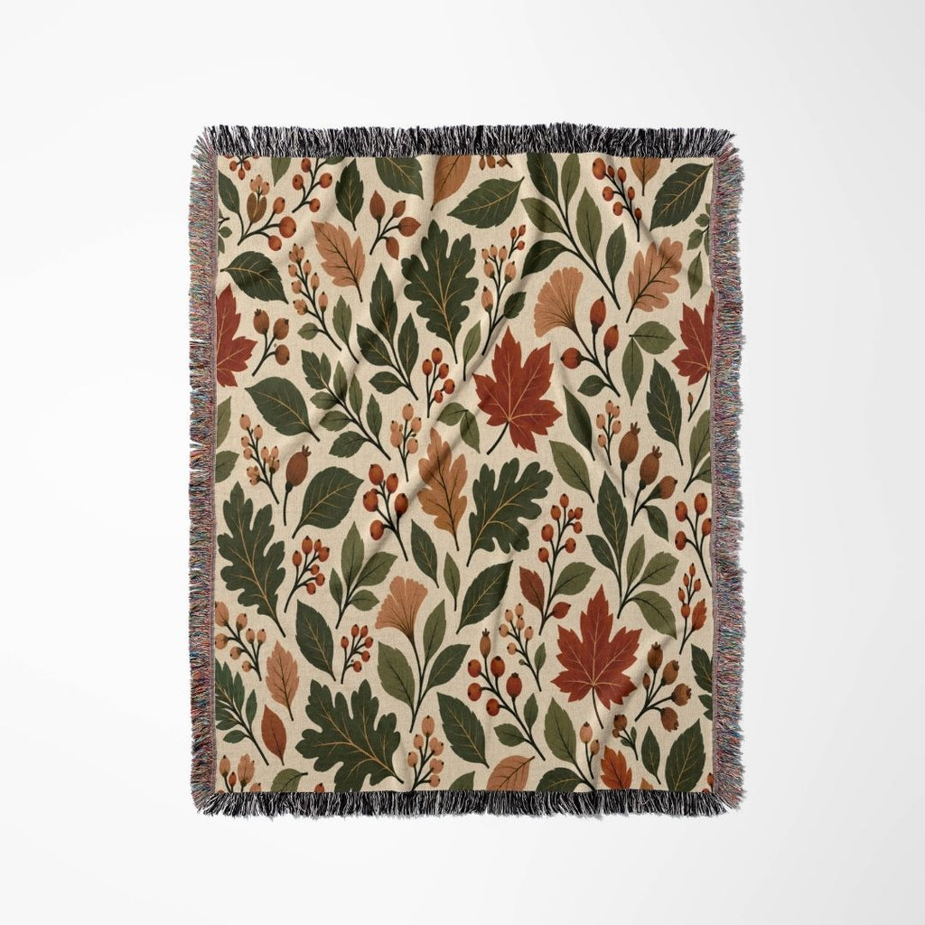 Autumn Botanicals woven blanket flat lay showing the pattern