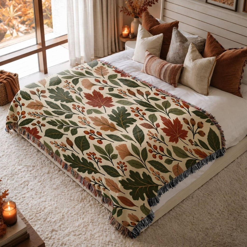 Autumn Botanicals jacquard woven blanket on a queen bed