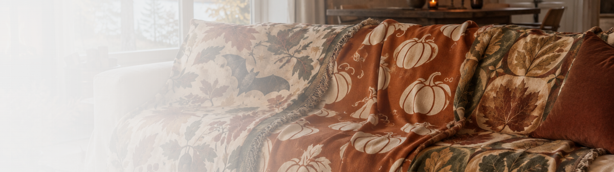 A cozy living room scene showing a sofa covered with a rust-orange and brown autumn-themed throw blanket featuring a pumpkin and leaf pattern.