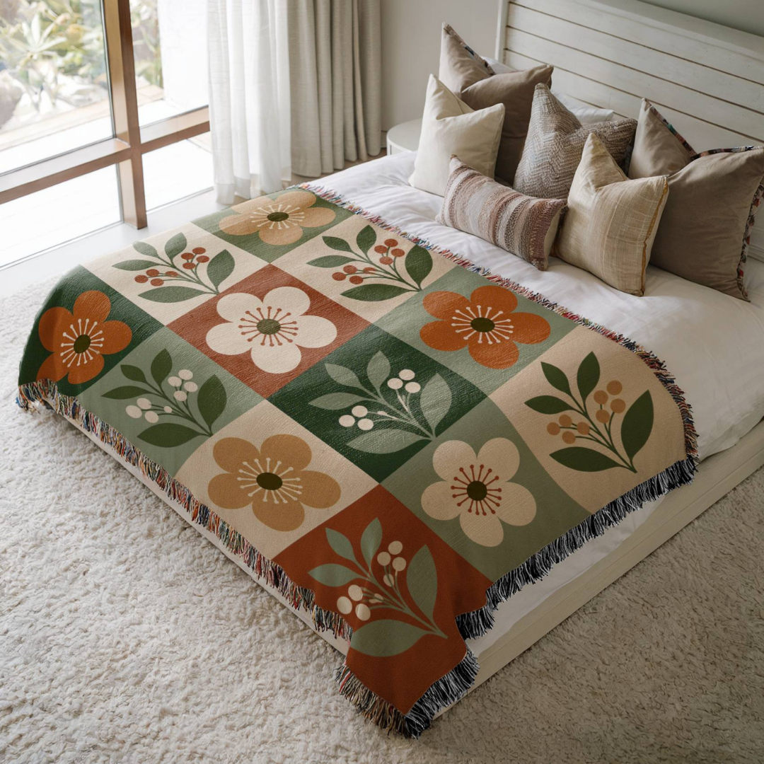 Autumn Mosaic jacquard woven blanket on a queen bed