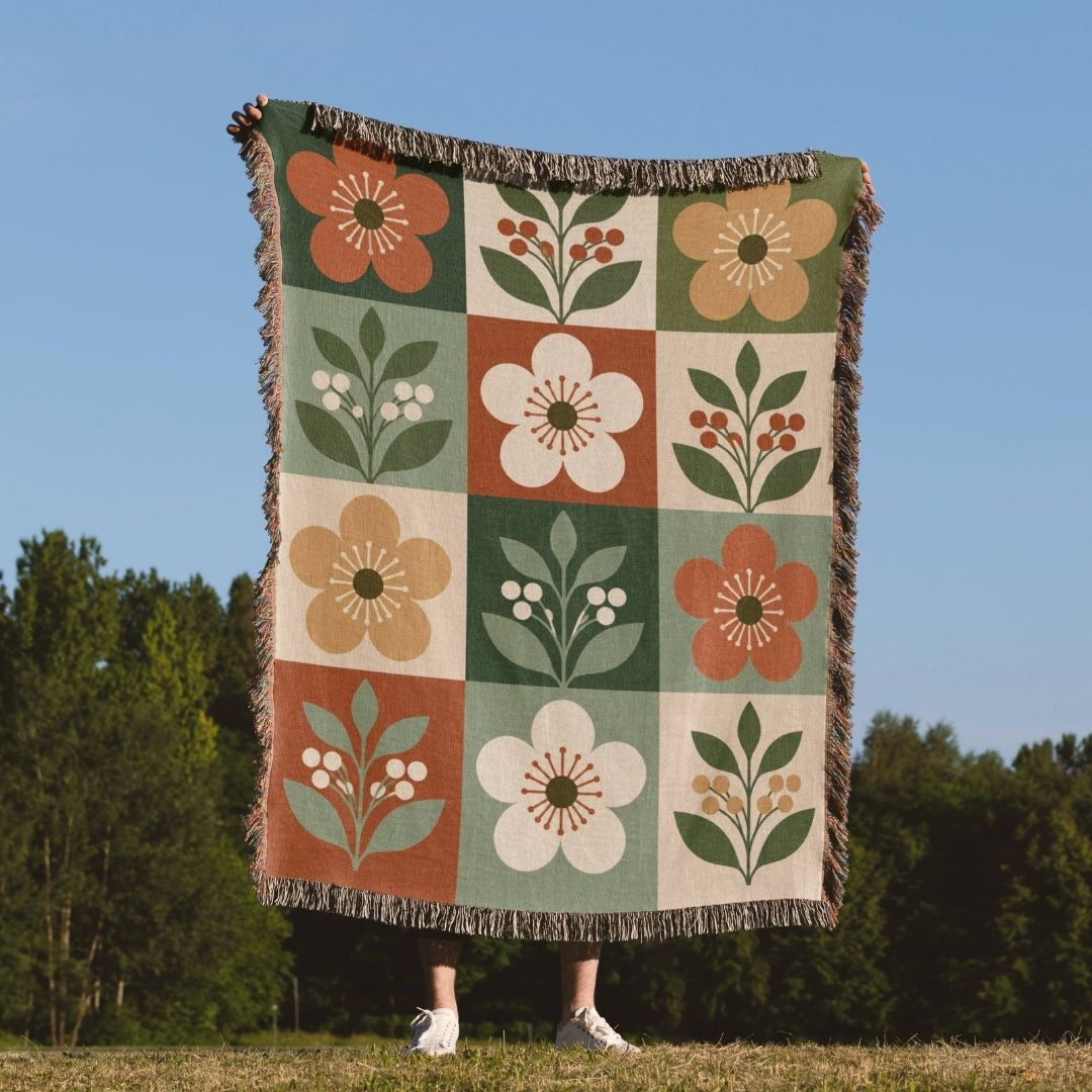 Autumn Mosaic woven throw blanket outdoors