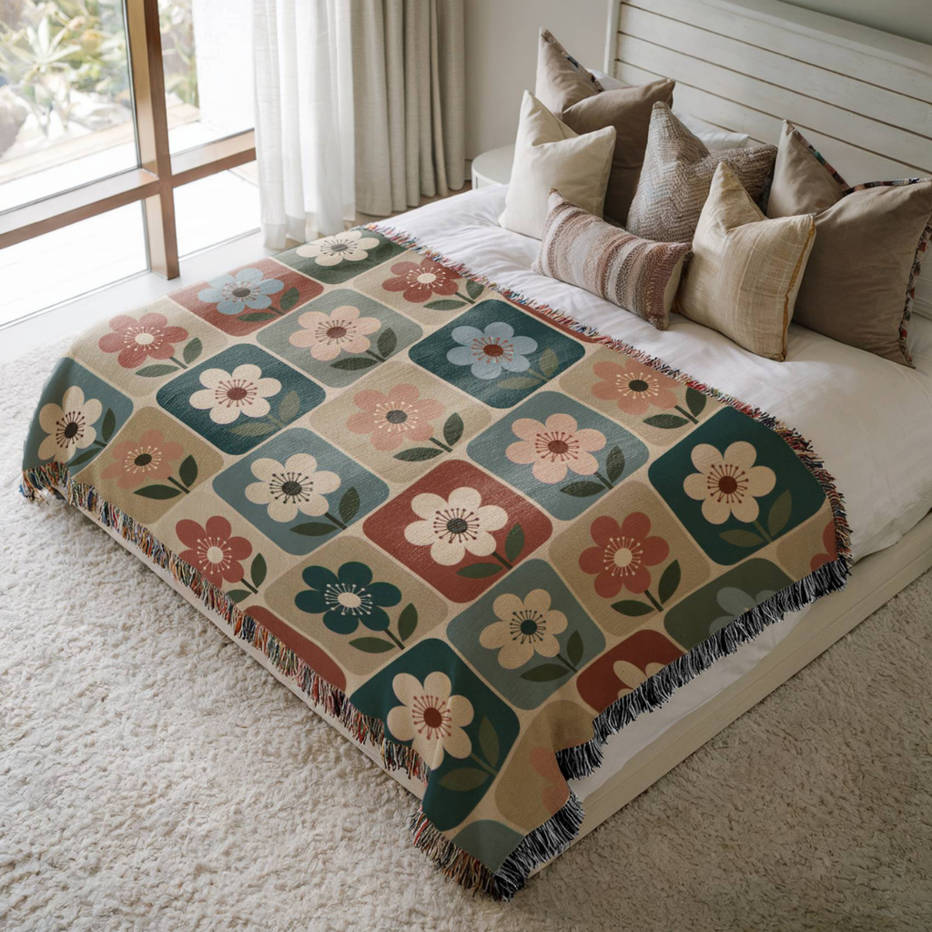 Botanical Squares jacquard woven blanket on a queen bed