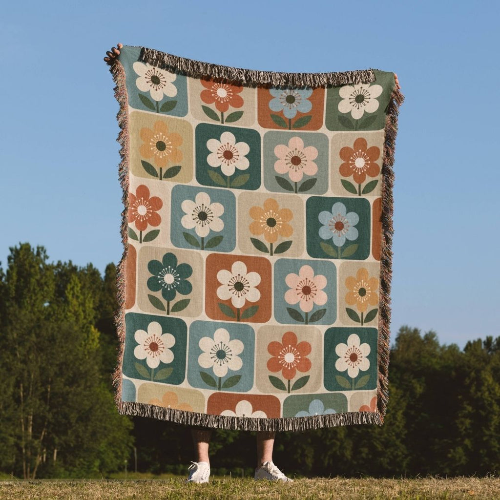 Botanical Squares woven throw blanket outdoors