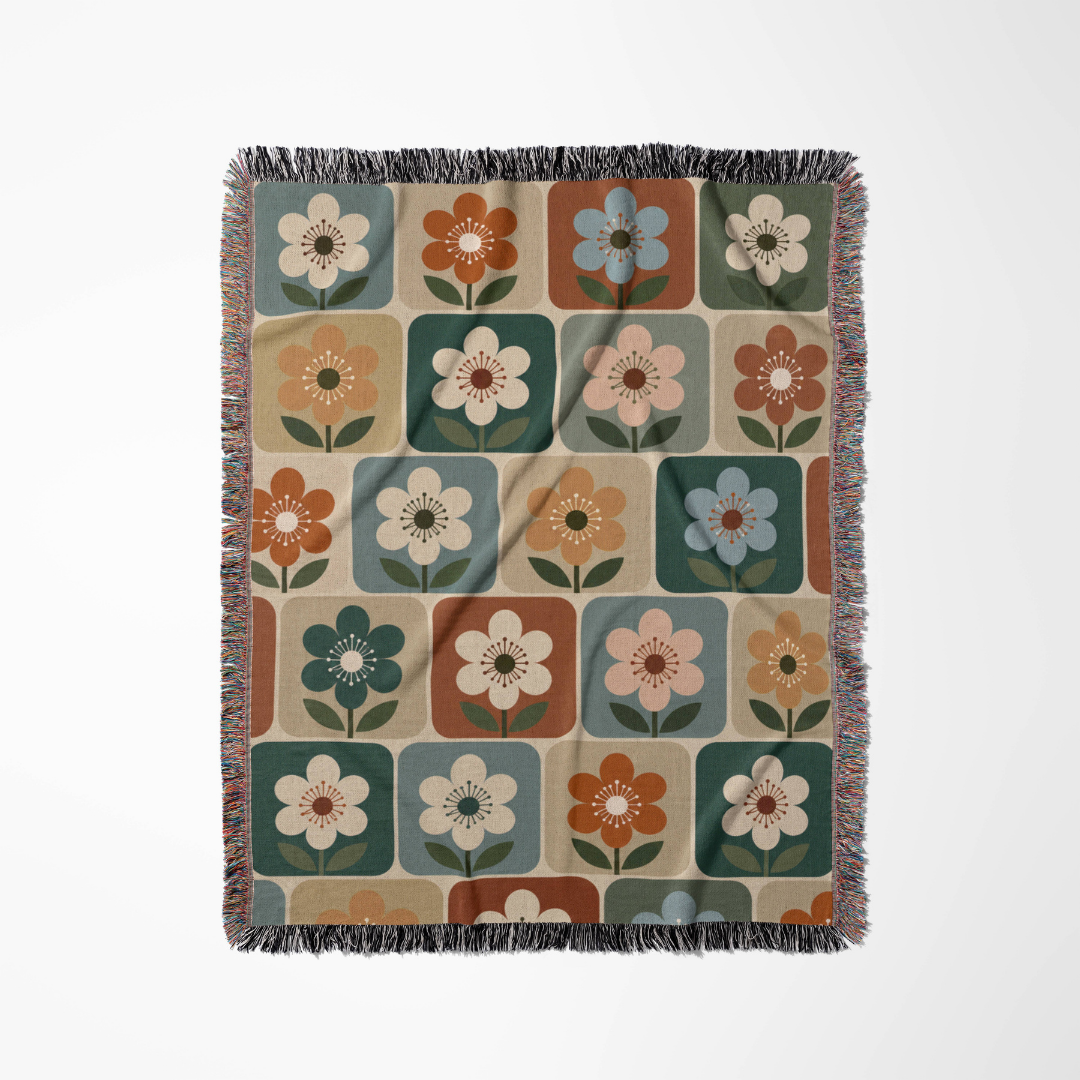 Botanical Squares woven blanket flat lay showing the pattern
