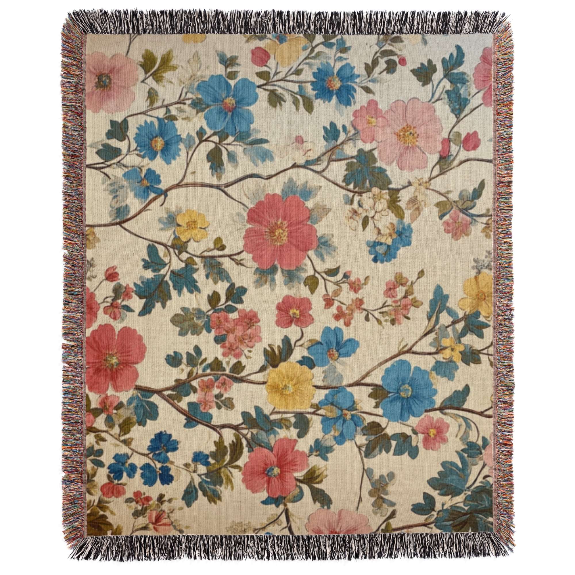 a multicolored floral tapestry hanging on a wall