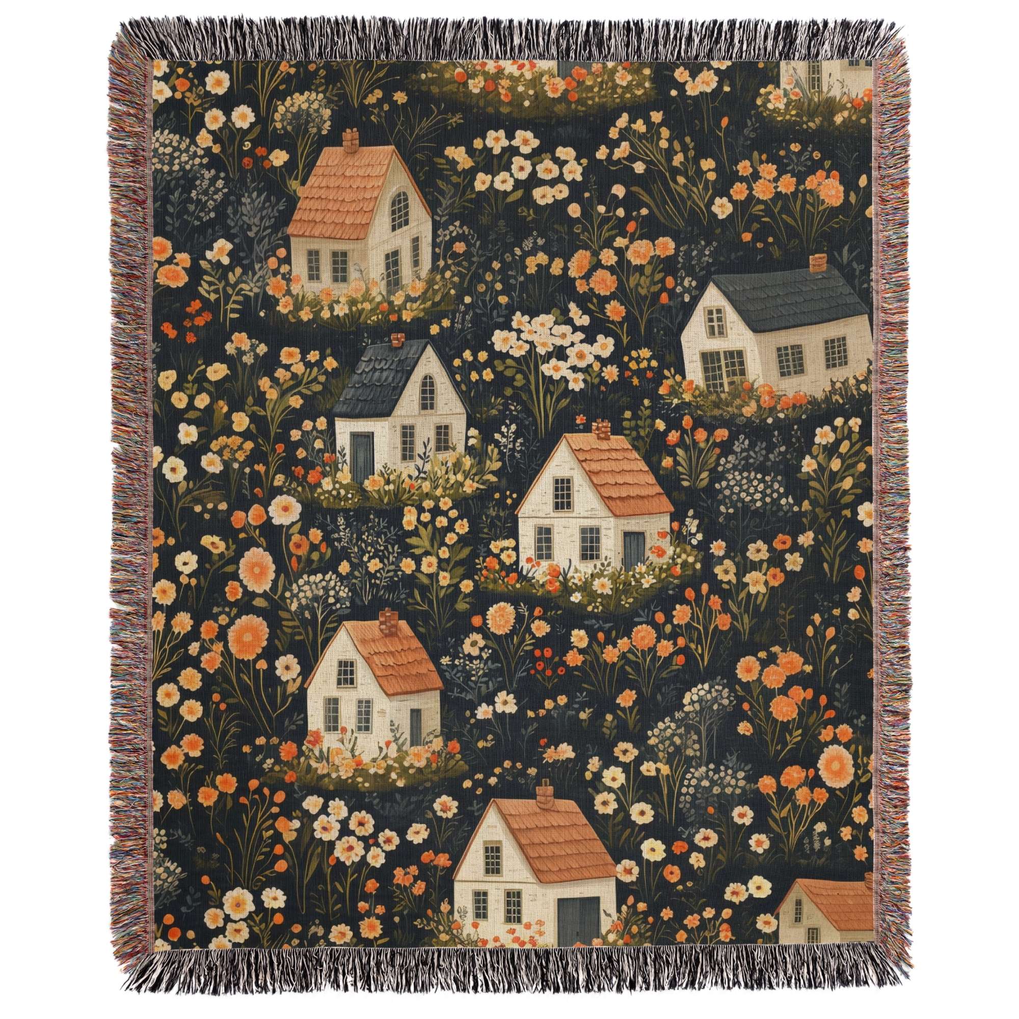 a tapestry with houses and flowers on it