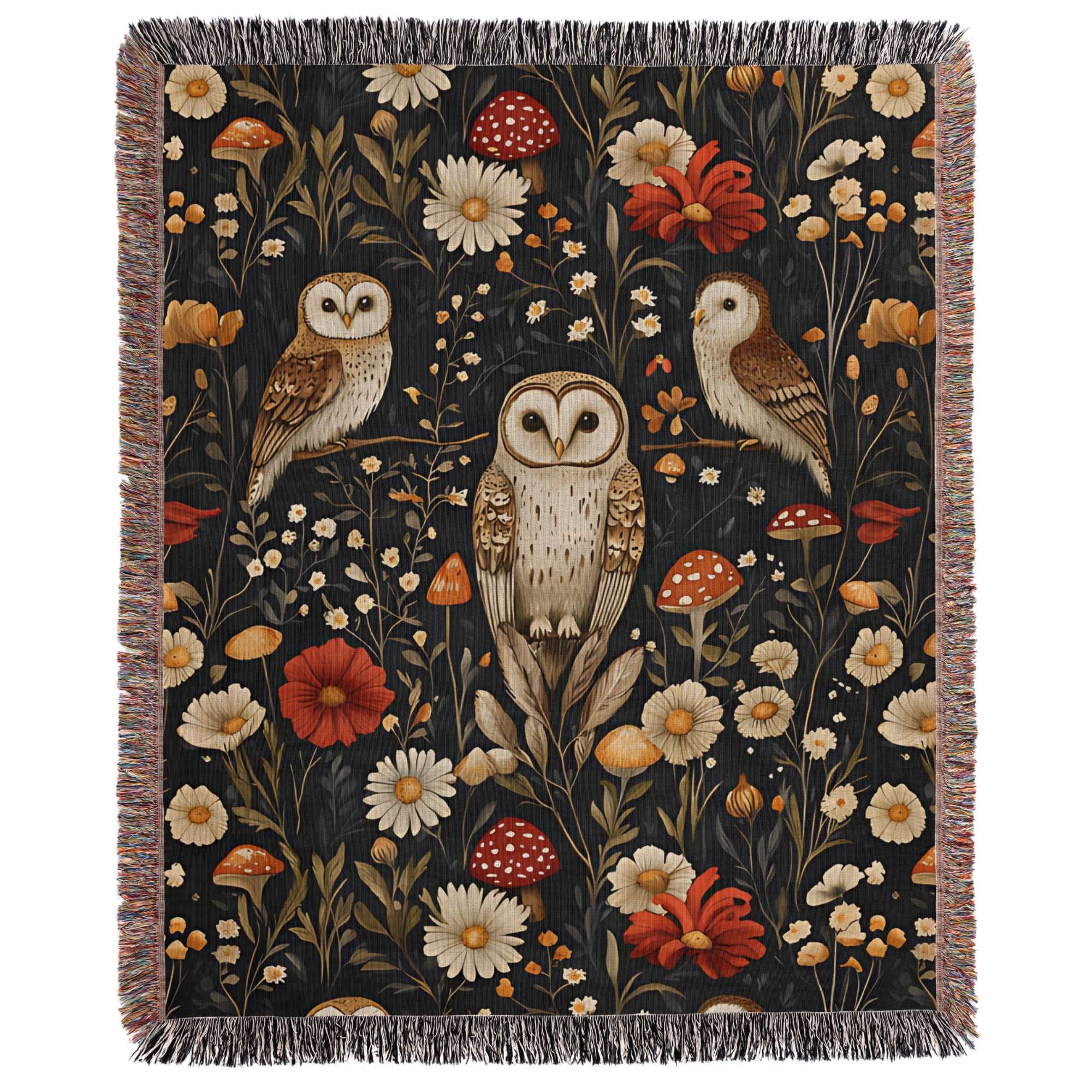 a tapestry with two owls and flowers on a black background