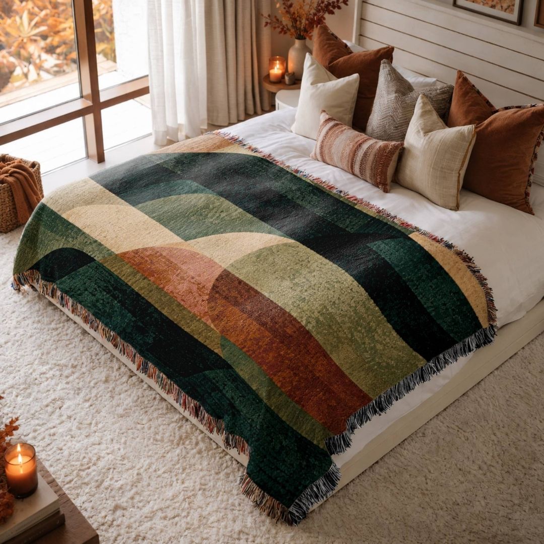 Earthbound Curves jacquard woven blanket on a queen bed