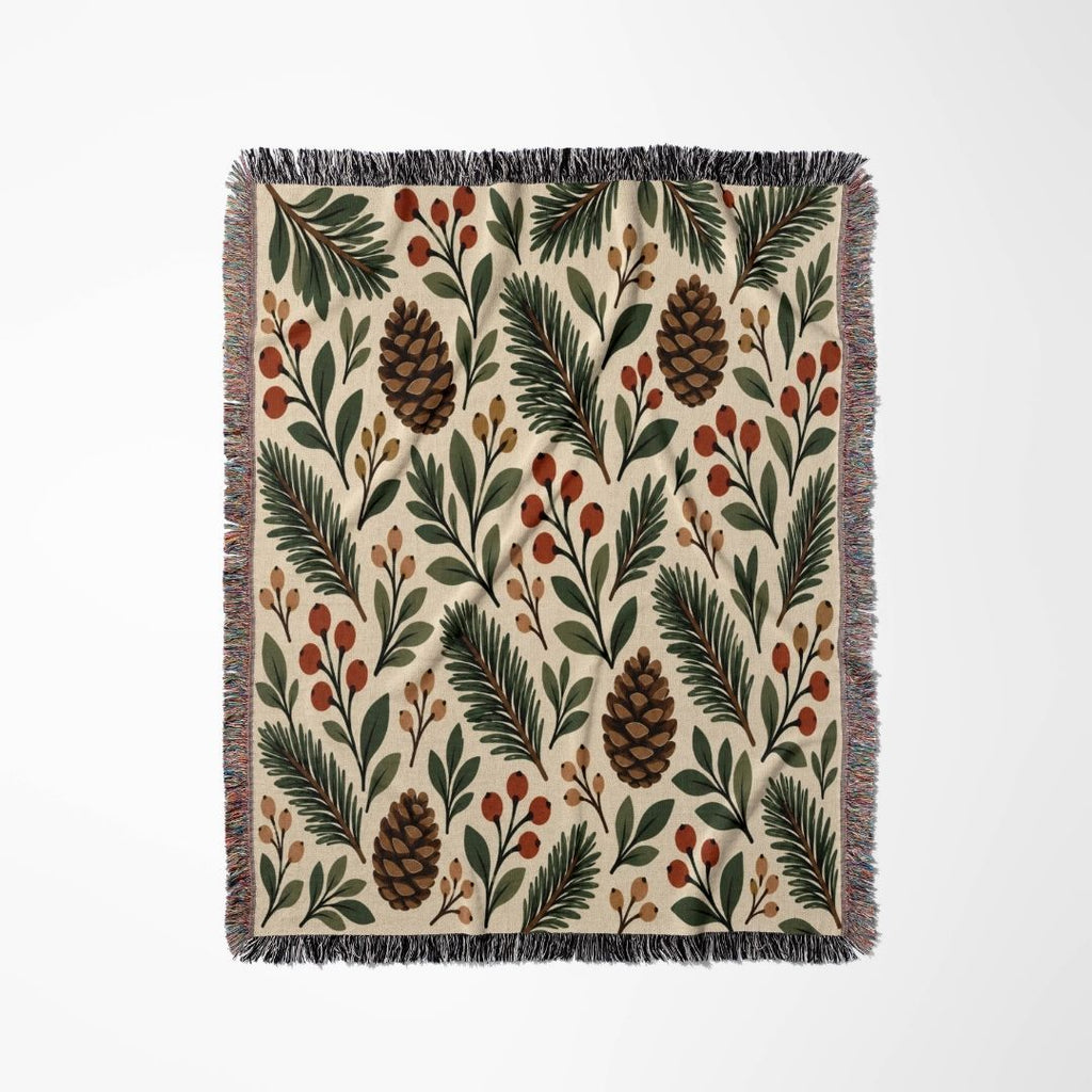 Evergreen & Berries woven blanket flat lay showing the pattern