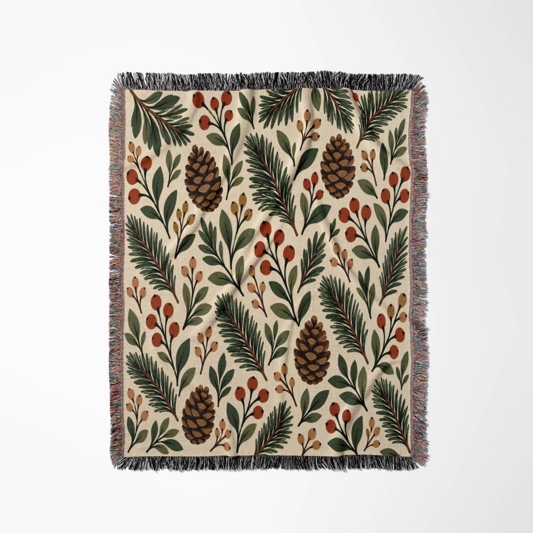 Evergreen & Berries woven blanket flat lay showing the pattern