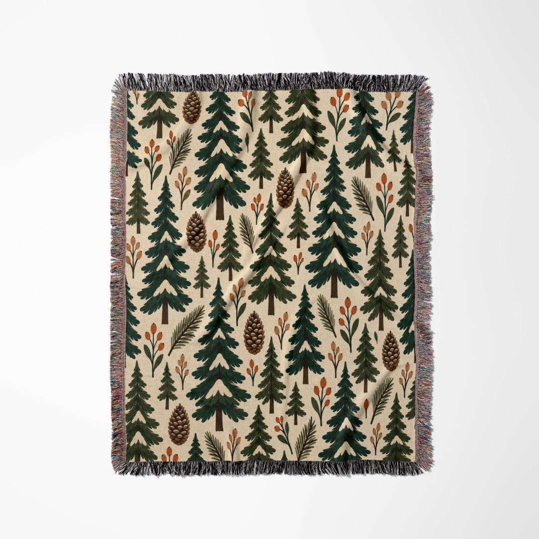 Evergreen Forest woven blanket flat lay showing the pattern