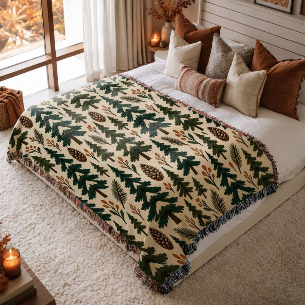 Evergreen Forest jacquard woven blanket on a queen bed