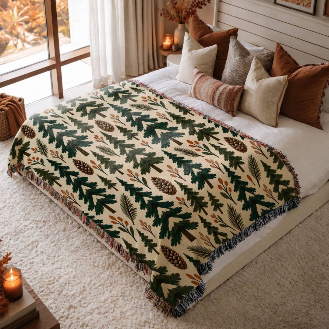 Evergreen Forest jacquard woven blanket on a queen bed