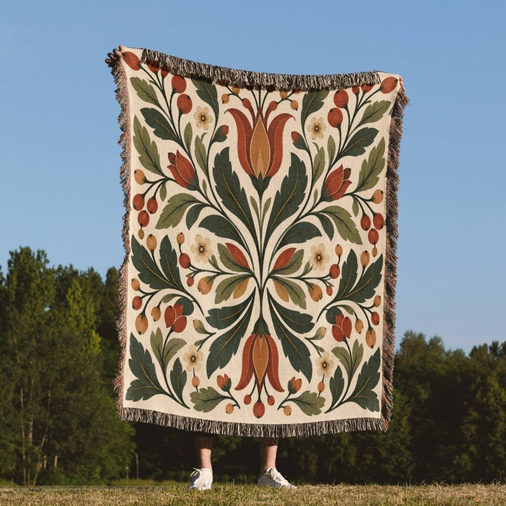 Folk Tulip woven throw blanket outdoors