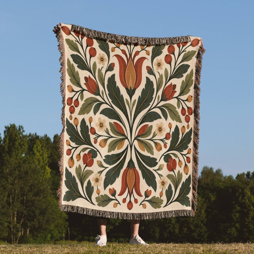 Folk Tulip woven throw blanket outdoors