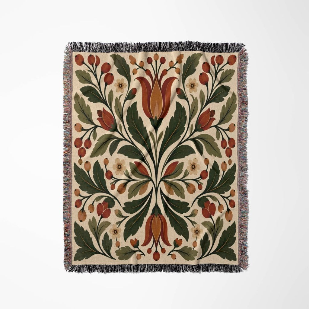 Folk Tulip woven blanket flat lay showing the pattern