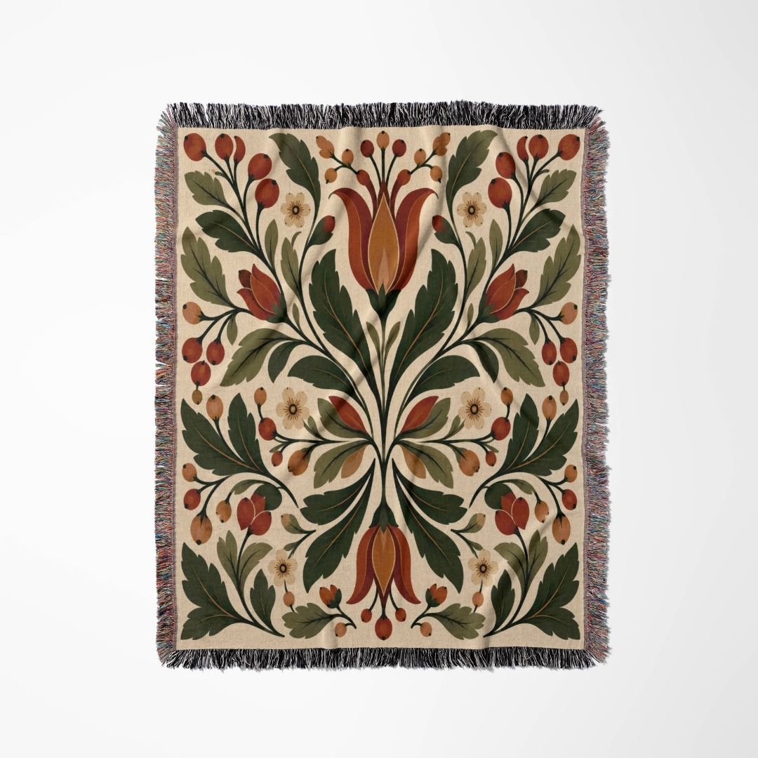 Folk Tulip woven blanket flat lay showing the pattern