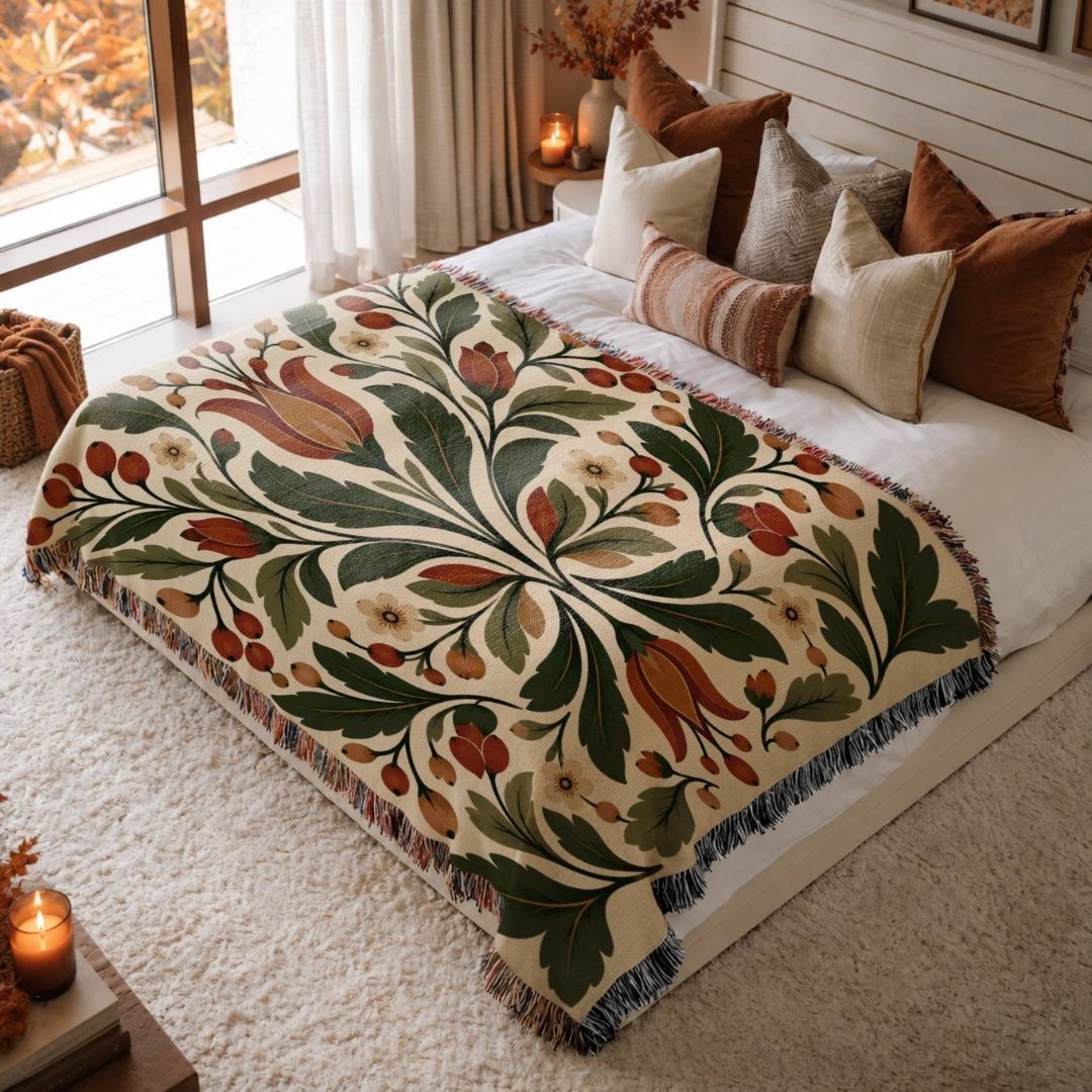 Folk Tulip jacquard woven blanket on a queen bed