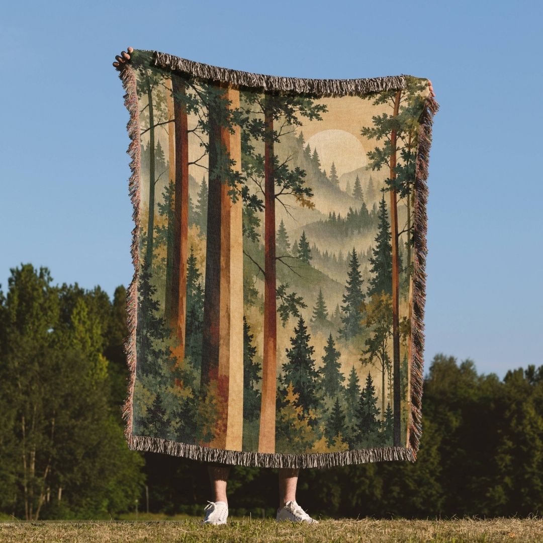 Forest Tapestry woven throw blanket outdoors