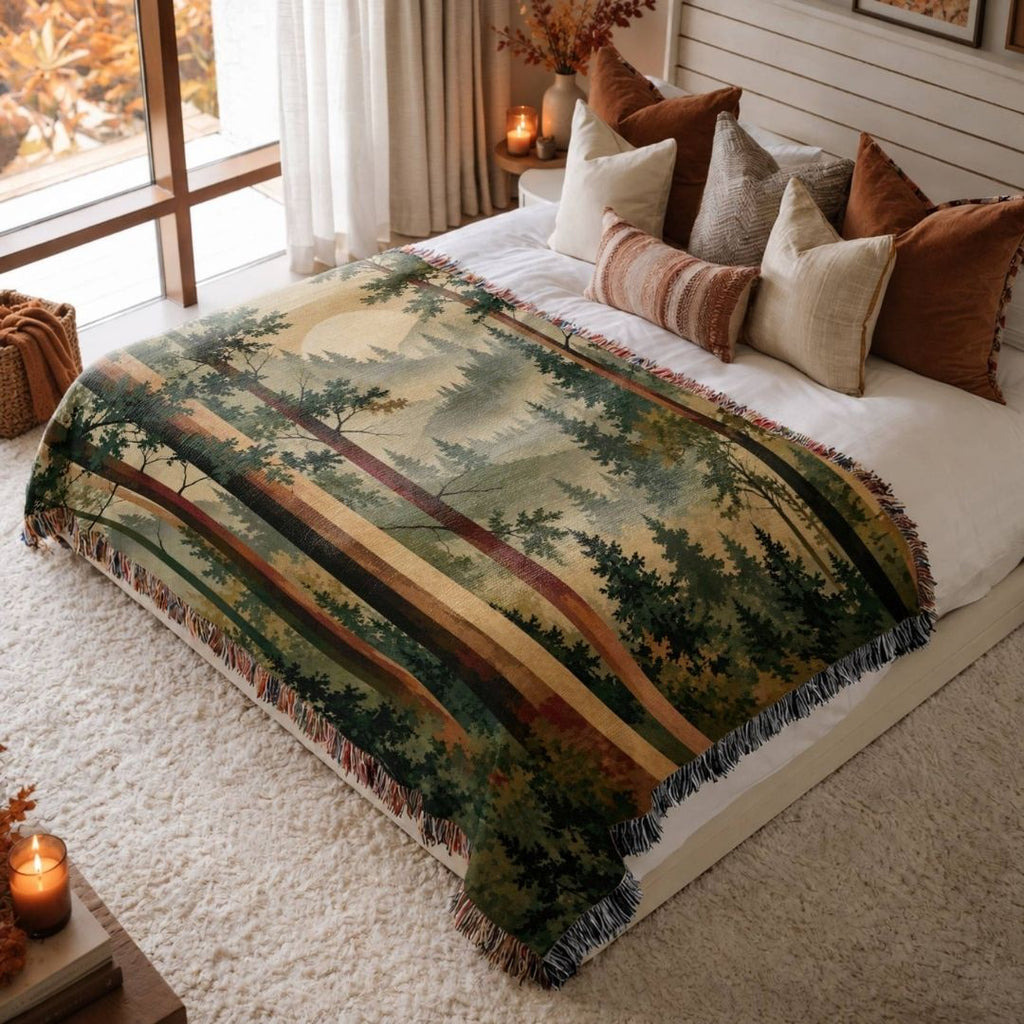 Forest Tapestry jacquard woven blanket on a queen bed