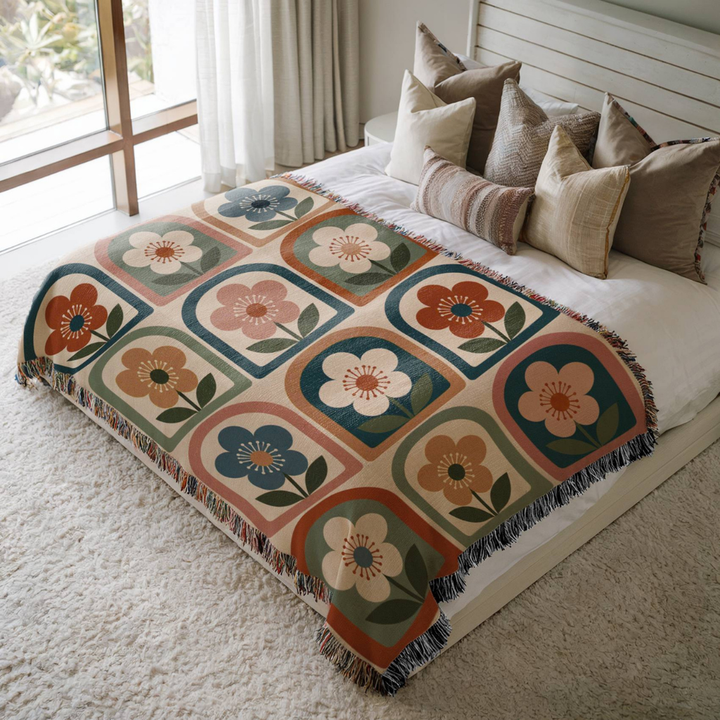 Framed Flora jacquard woven blanket on a queen bed