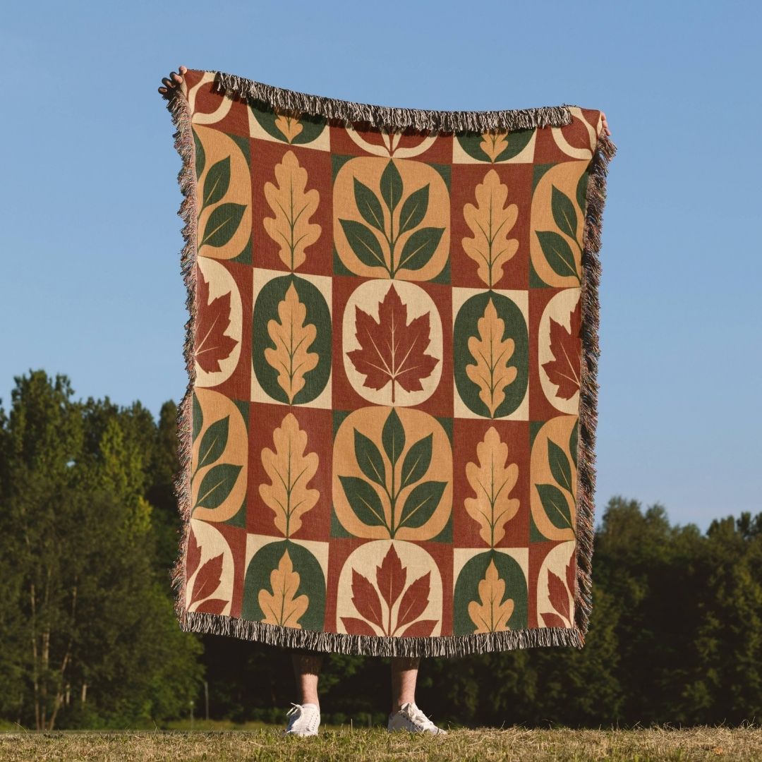 Harvest Leaf Grid Woven Blanket