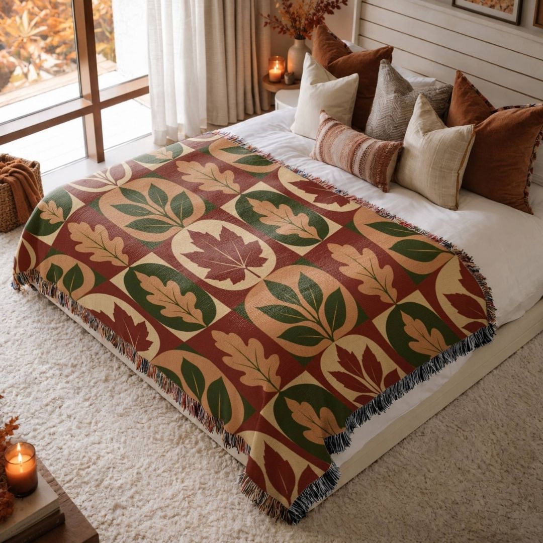 Harvest Leaf Grid Woven Blanket