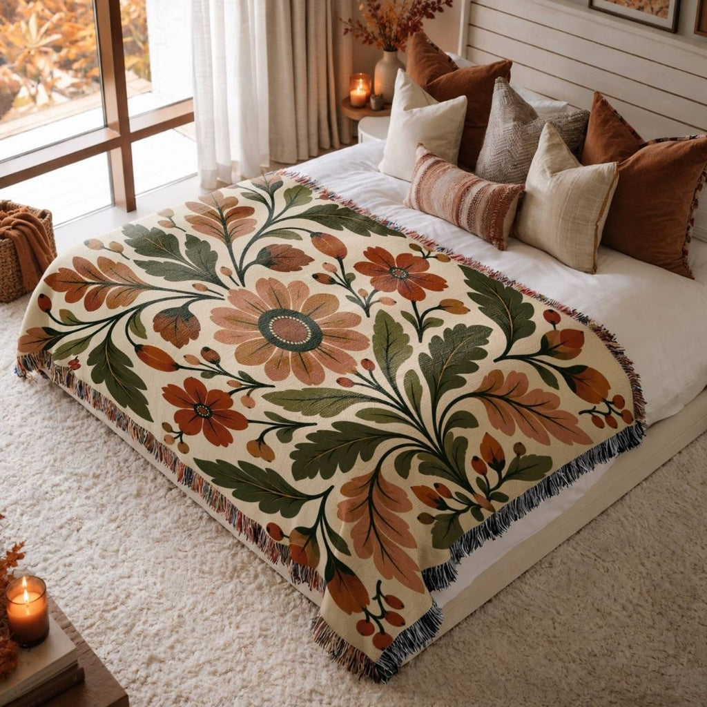 Harvest Medallion jacquard woven blanket on a queen bed