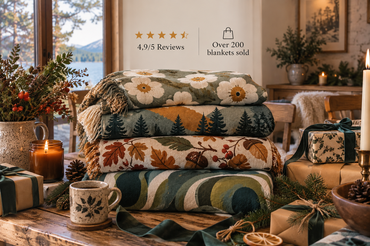 A stack of four patterned throw blankets is displayed on a rustic wooden table in a cozy, decorated living room setting. The blankets feature various autumn and nature-inspired designs including white flowers, pine trees, and leaves.