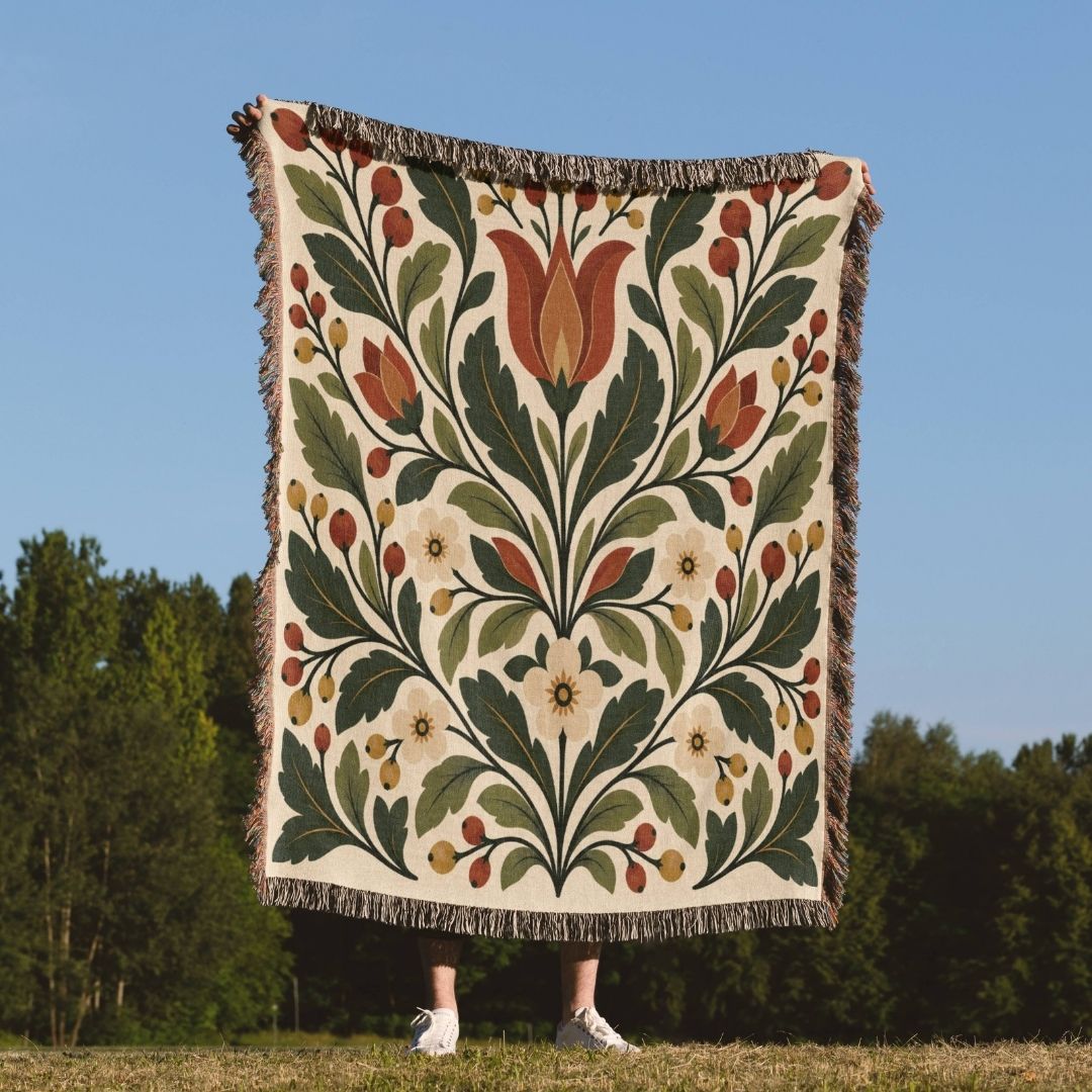 Heritage Bloom woven throw blanket outdoors