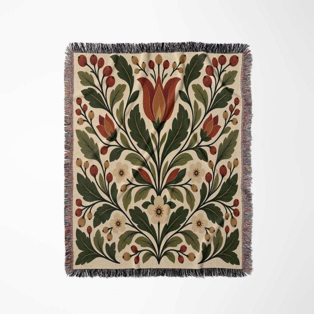 Heritage Bloom woven blanket flat lay showing the pattern