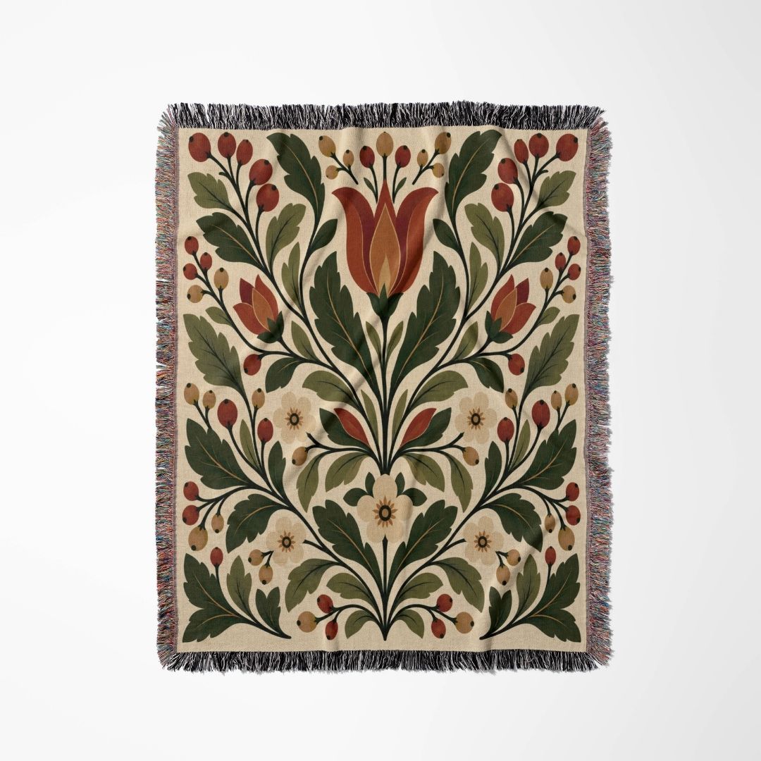 Heritage Bloom woven blanket flat lay showing the pattern