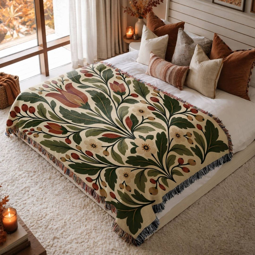 Heritage Bloom jacquard woven blanket on a queen bed