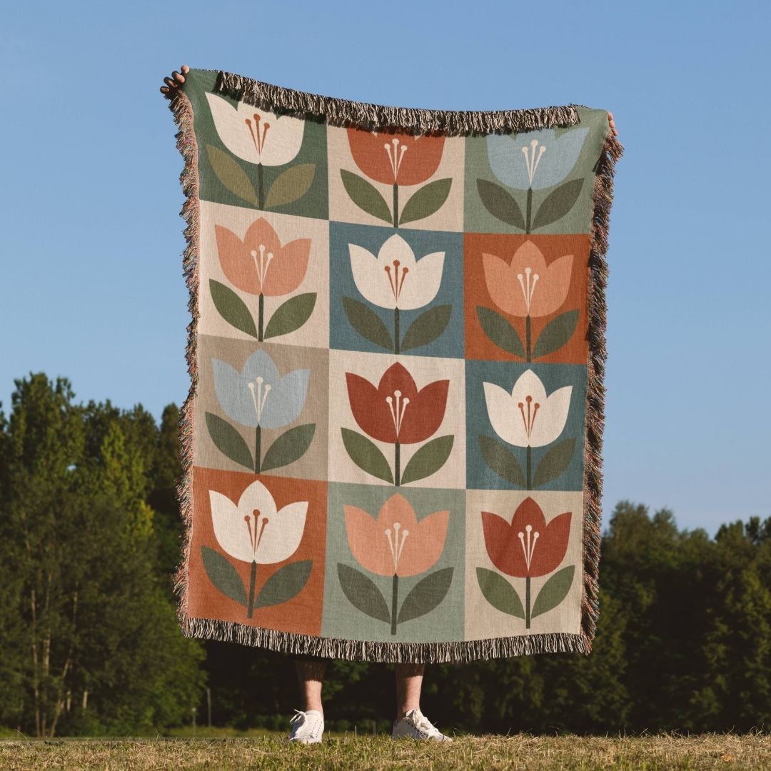 Minimalist Tulips woven throw blanket outdoors