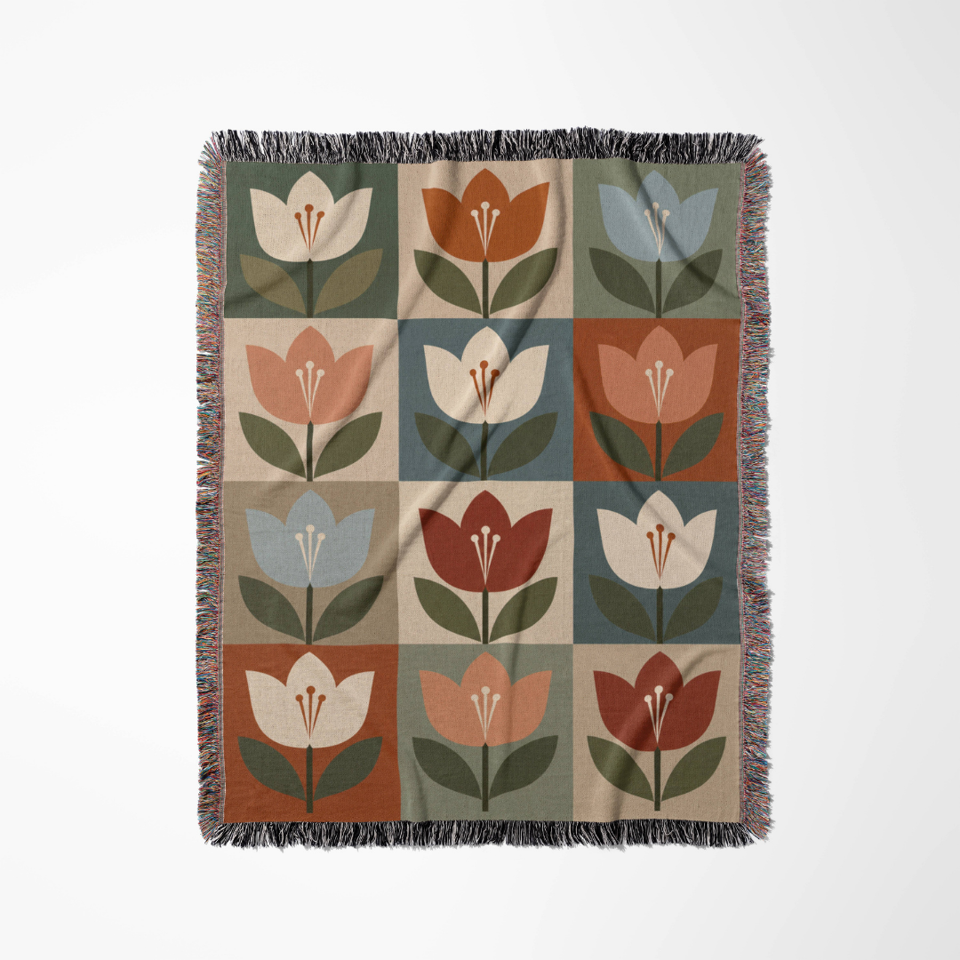 Minimalist Tulips woven blanket flat lay showing the pattern