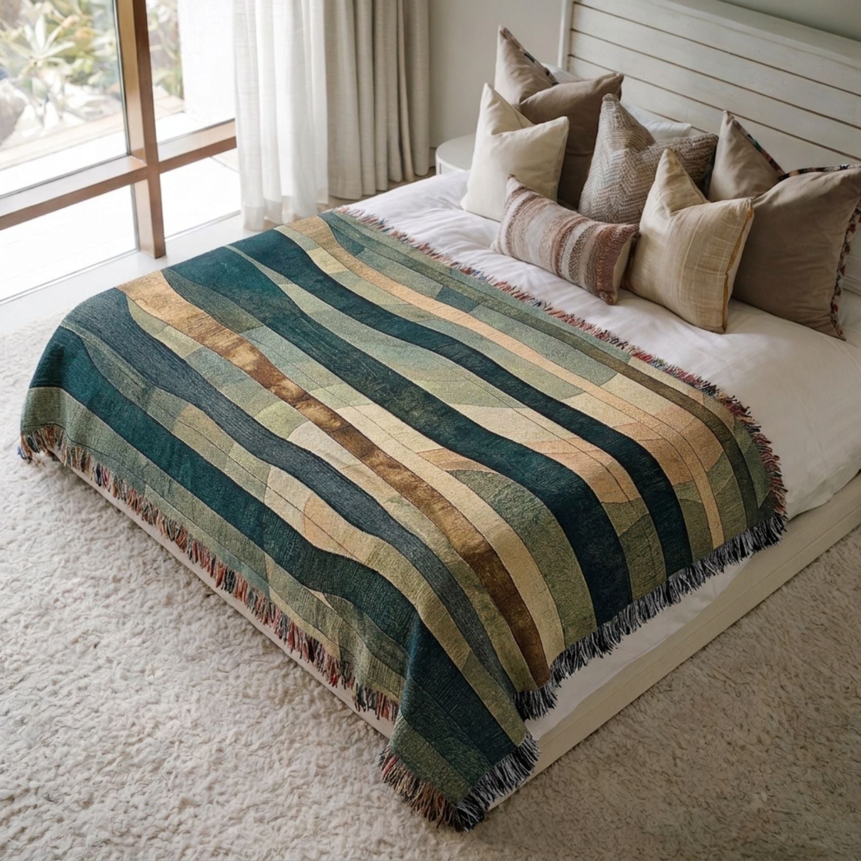 Bed with a striped blanket and pillows in a bright bedroom