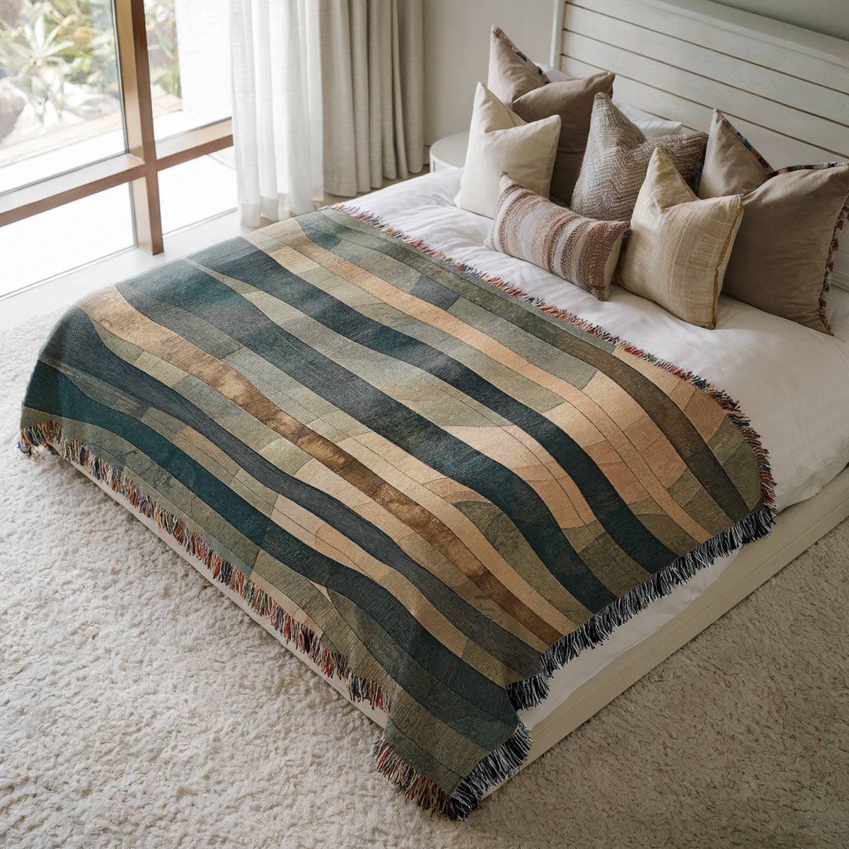 Bed with a striped blanket and pillows in a bright bedroom.