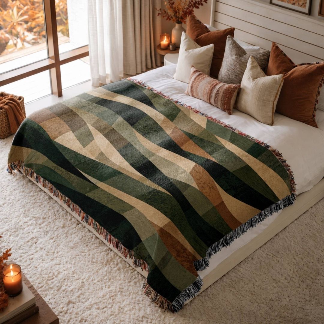 Moonlit Woodland jacquard woven blanket on a queen bed