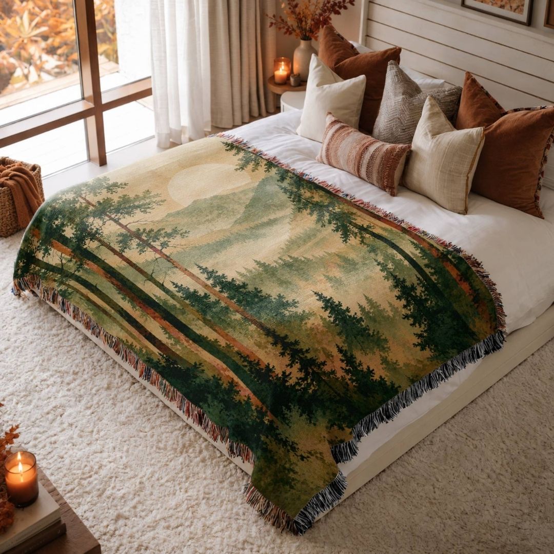 Moonrise Through the Pines jacquard woven blanket on a queen bed