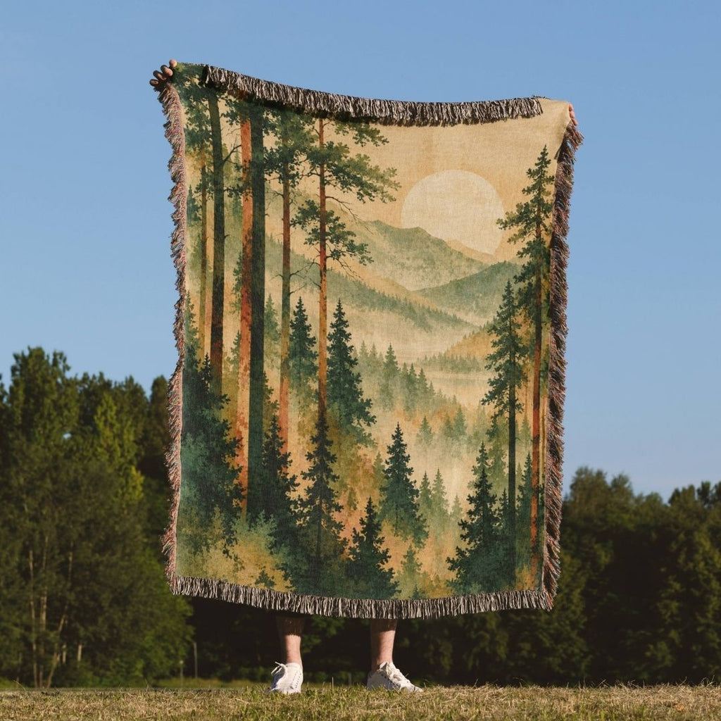 Moonrise Through the Pines woven throw blanket outdoors