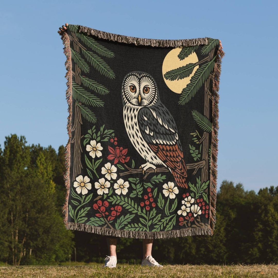 Nordic Moonlit Owl Woven Blanket