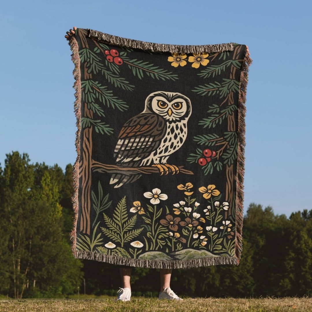 Nordic Forest Owl Woven Blanket